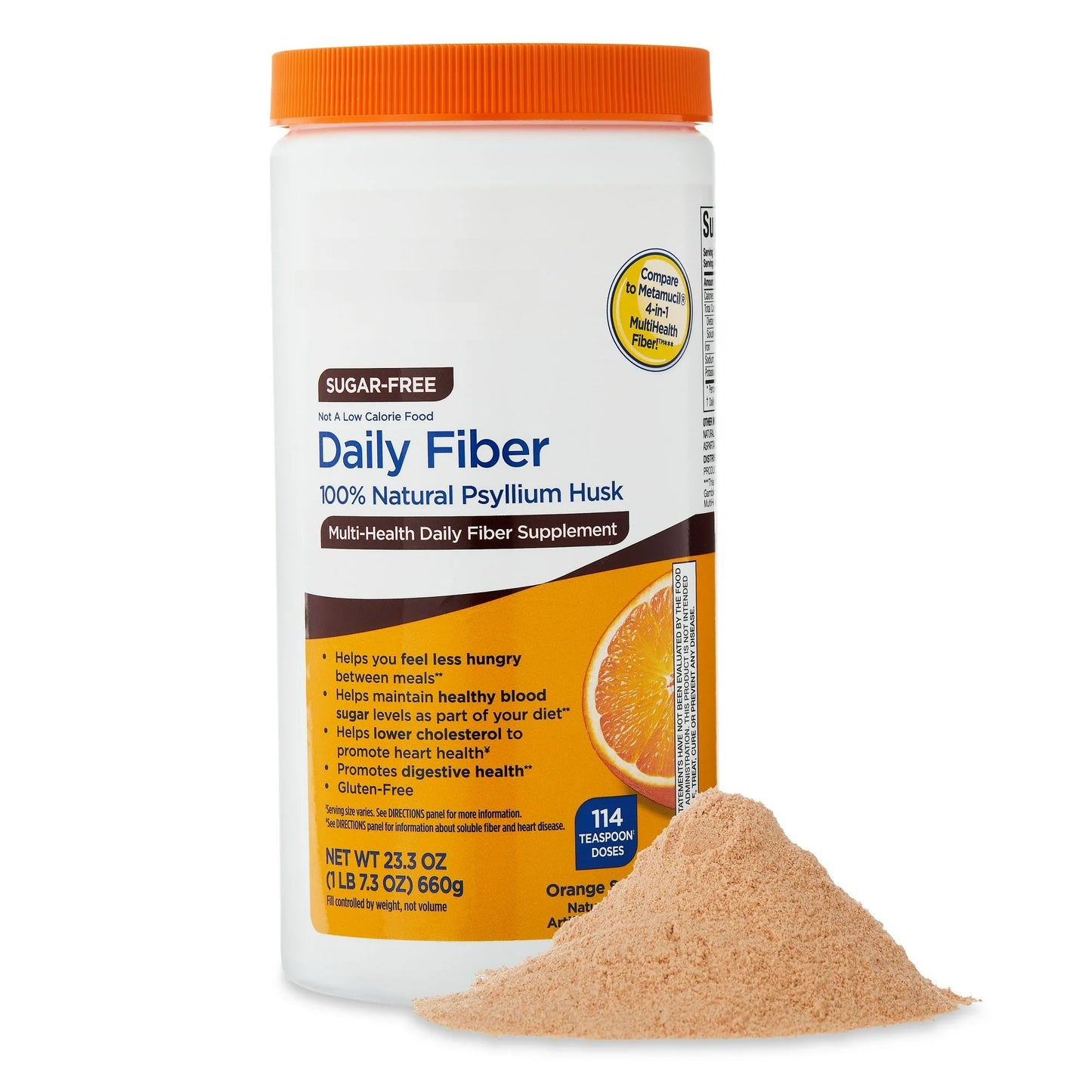 Daily Fiber Psyllium Husk Powder 23.3oz - 114 Teaspoon Doses, Sugar-Free Orange Flavor, Organic Soluble Fiber for Support Health Digestive. (Pack of 1)