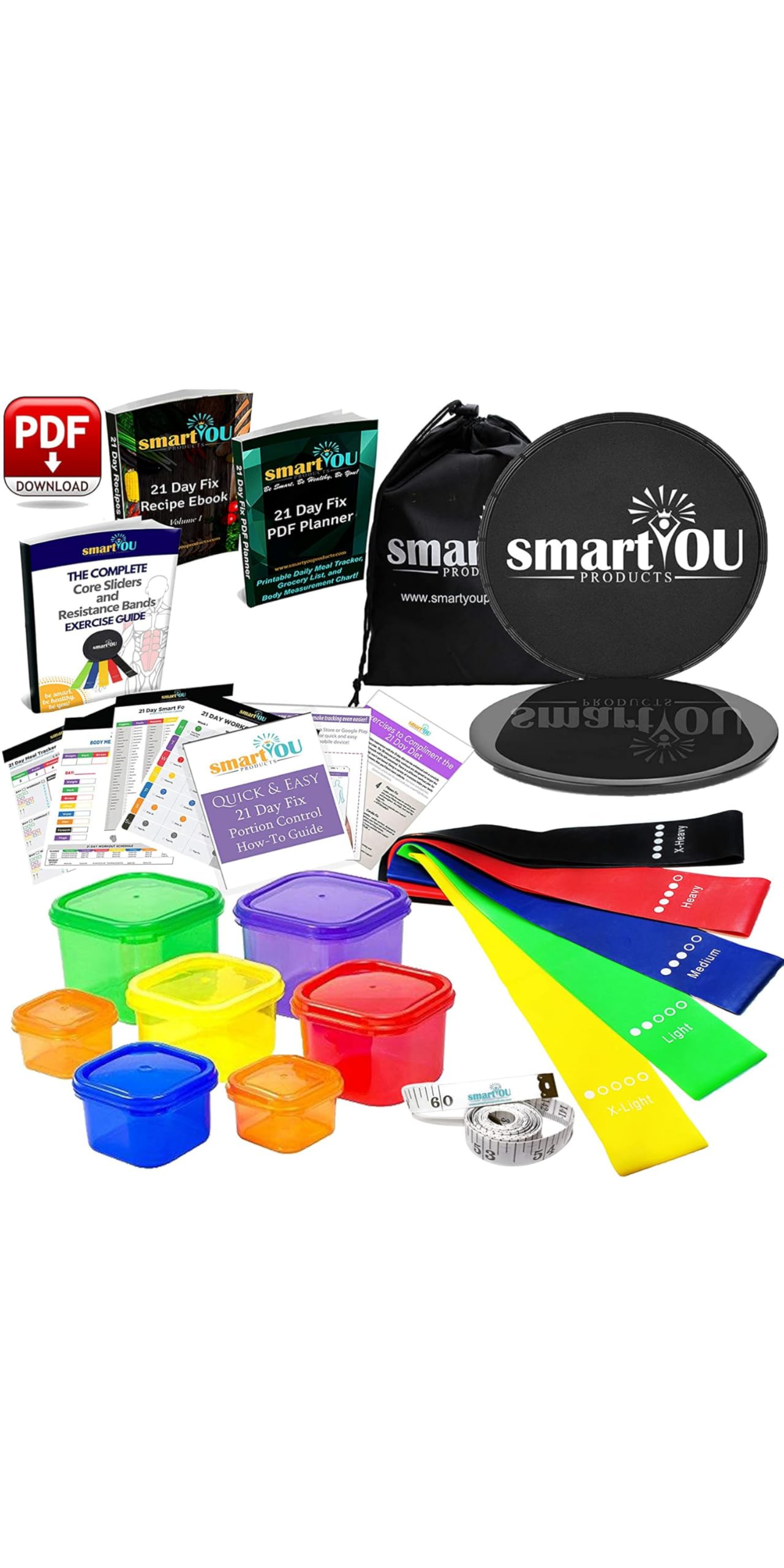 80 Day Obsession Equipment Bundle - 21 Day Fix BPA Free Portion Control Containers (7 Piece) + Resistance Bands (5) + Core Sliders (2) + Guide + Planner + Recipe eBook + Tape Measure