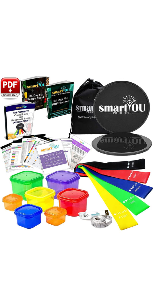 80 Day Obsession Equipment Bundle - 21 Day Fix BPA Free Portion Control Containers (7 Piece) + Resistance Bands (5) + Core Sliders (2) + Guide + Planner + Recipe eBook + Tape Measure
