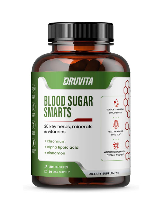 Druvita Blood Sugar Smarts - 20 Key Herbs, Minerals & Vitamins - with Chromium, Alpha Lipoic Acid, Cinnamon & Bitter Melon, for Men Women- Non-GMO Natural- 120 Capsules 60 Day Supply