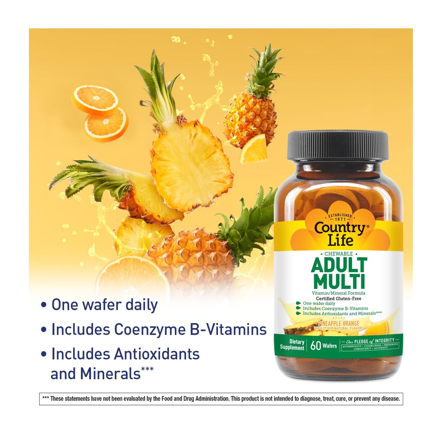 Country Life Adult Chewable Multivitamin with Coenzyme B-Vitamins, Antioxidants, Minerals, Pineapple-Orange Flavor - Supports Energy Metabolism and Immune Health, Gluten Free - 60 Wafers
