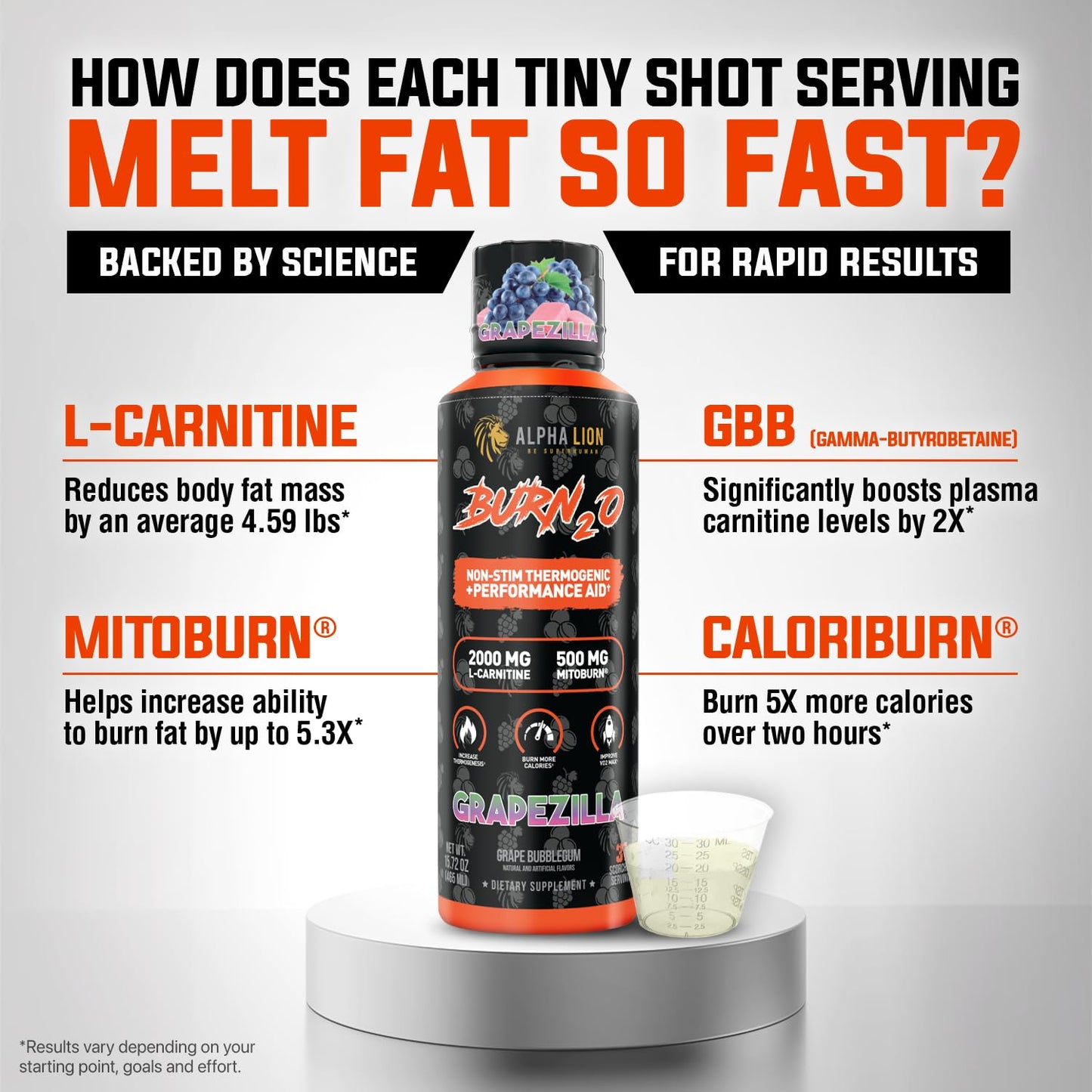ALPHA LION Burn2O L-Carnitine Liquid 2000mg - Stim Free Super Thermogenic Fat Burner with MitoBurn® & CaloriBurn GP®, Metabolism Booster, Zero Calorie, Sugar-Free (31 Servings, Grapezilla Flavor)