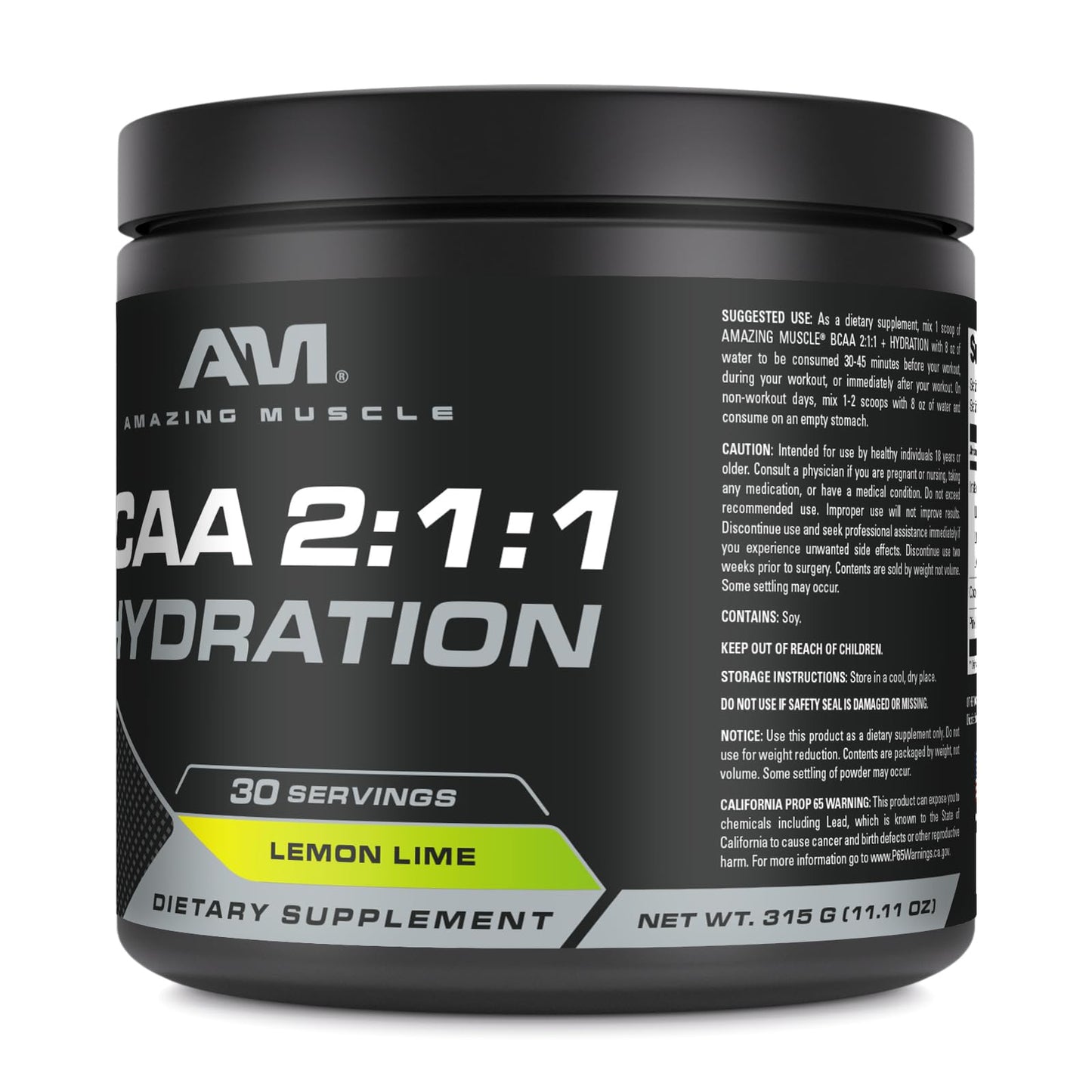 Amazing Muscle BCAA 2:1:1 + Hydratation | 30 Servings | 315 Grams | Natural Lemon Lime Flavor | Branched Amino Acids Supplement | Made in USA