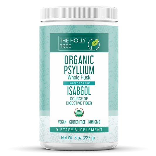 THE HOLLY TREE Organic Whole Psyllium Husk - 8 oz - Psyllium Husk Fiber for Digestive Health & Regularity - Vegan - Gluten-Free - Non-GMO - USDA Organic - Kosher - Whole Psyllium Husk Supplement