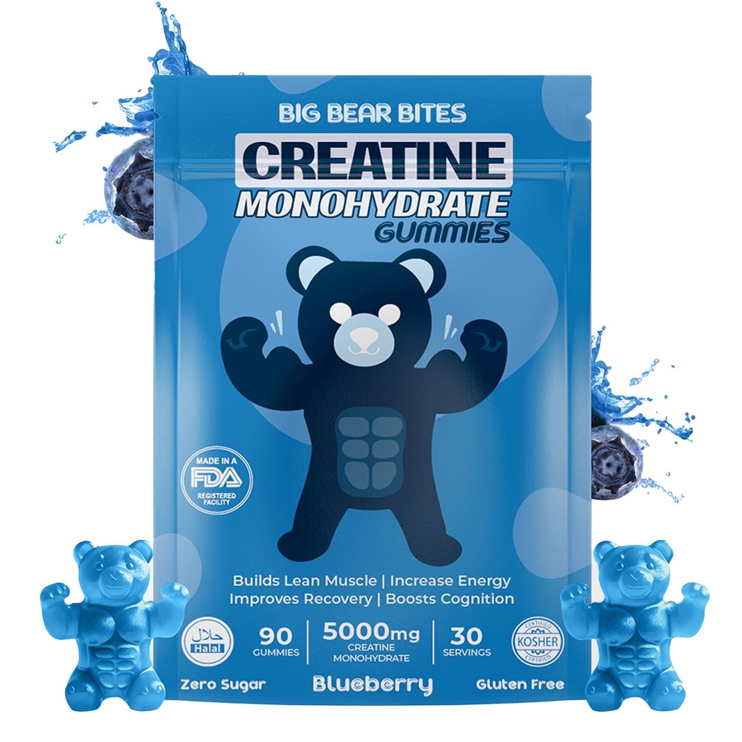 Big Bear Bites Creatine Monohydrate Gummies for Men & Women | 5000mg of Creatine Gummies per Serving | Sugar Free Gummies, Gluten Free & Halal | Pack of 90 Pre Workout Gummies | Blueberry Flavor