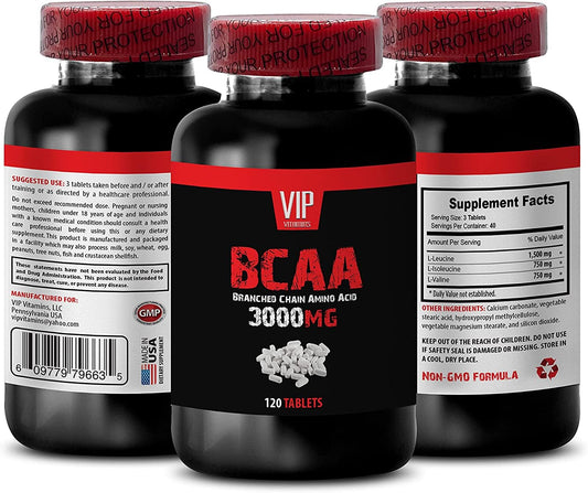 VIP Supplements Workout Pills for Men and Women - BCAA 3000 MG - BRANCHED Chain Amino Acid - leucine isoleucine and valine, 1 Bottle (120 Tablets)