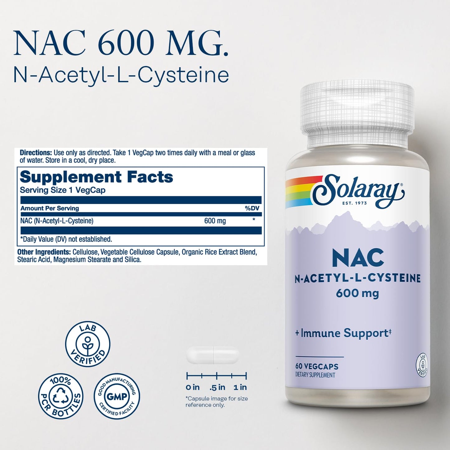 SOLARAY NAC Supplement - N Acetyl Cysteine 600 mg - Precursor to Glutathione Supplement - Immune Support Supplement - Lab Verified, 60-Day Guarantee - 60 Servings, 60 VegCaps