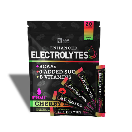 Enhanced Electrolyte Powder Stick Packs (Cherry Limeade | 20 Packets) w 0 Sugar +BCAAs +B-Vitamins Electrolyte Supplement w Potassium Zinc & Magnesium for Hydration - Keto Electrolytes