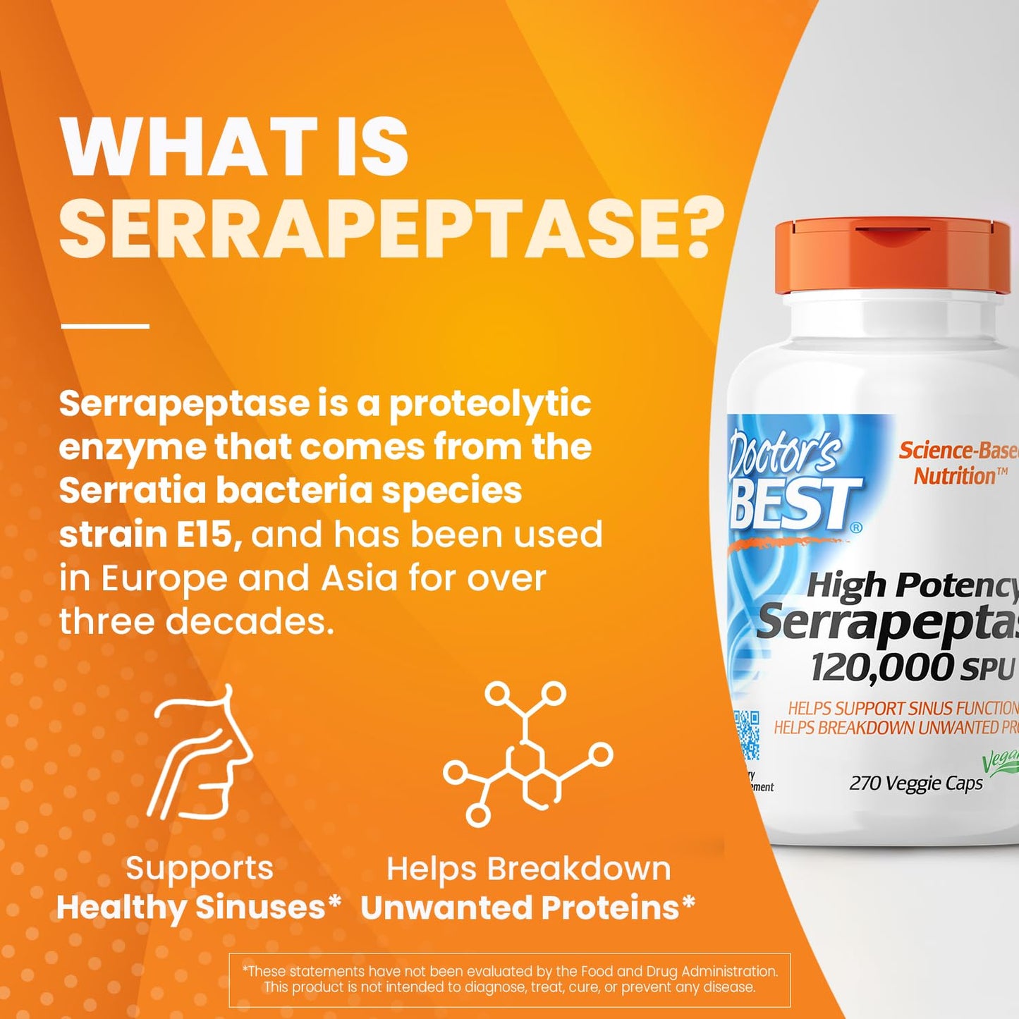 Doctors Best High Potency Serrapeptase, Supports Sinus Health, Non-GMO, Vegan 270 Veggie Caps