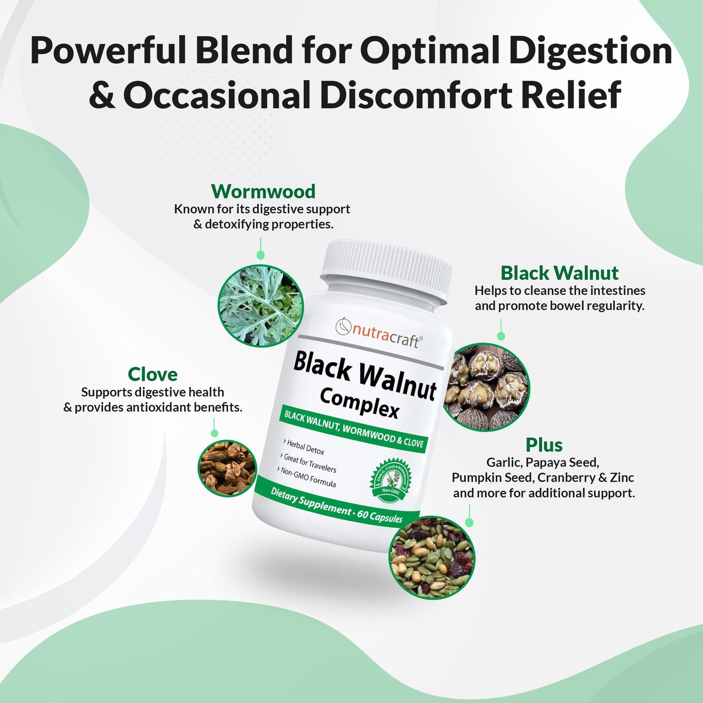Nutracraft Black Walnut Detox Cleanse Supplement | Black Walnut, Wormwood, Clove, PAU D'Arco, Pumpkin Seed, Garlic, Zinc | Intestinal Guard for Humans | 60 Capsules