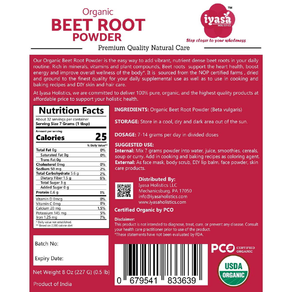 Iyasa Organic Beet Root Powder, Plant Based, Vegan, Gluten-Free, Beetroot Superfood, Nitric Oxide Boost, Pre Post Workout Supplement, Baking and Cooking 1 lb 16 oz 453 gm