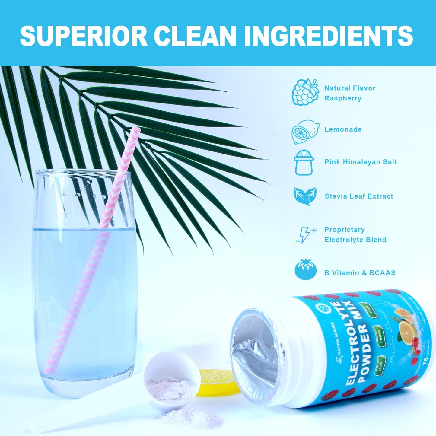 Electrolytes Powder No Sugar, Keto Hydration Electrolyte Drink Mix Supplement for Energy, Muscle Function - Enhanced with Himalayan Salt +BCAAs +Vitamins, Non-GMO (Raspberry Lemonade, 75 Servings)