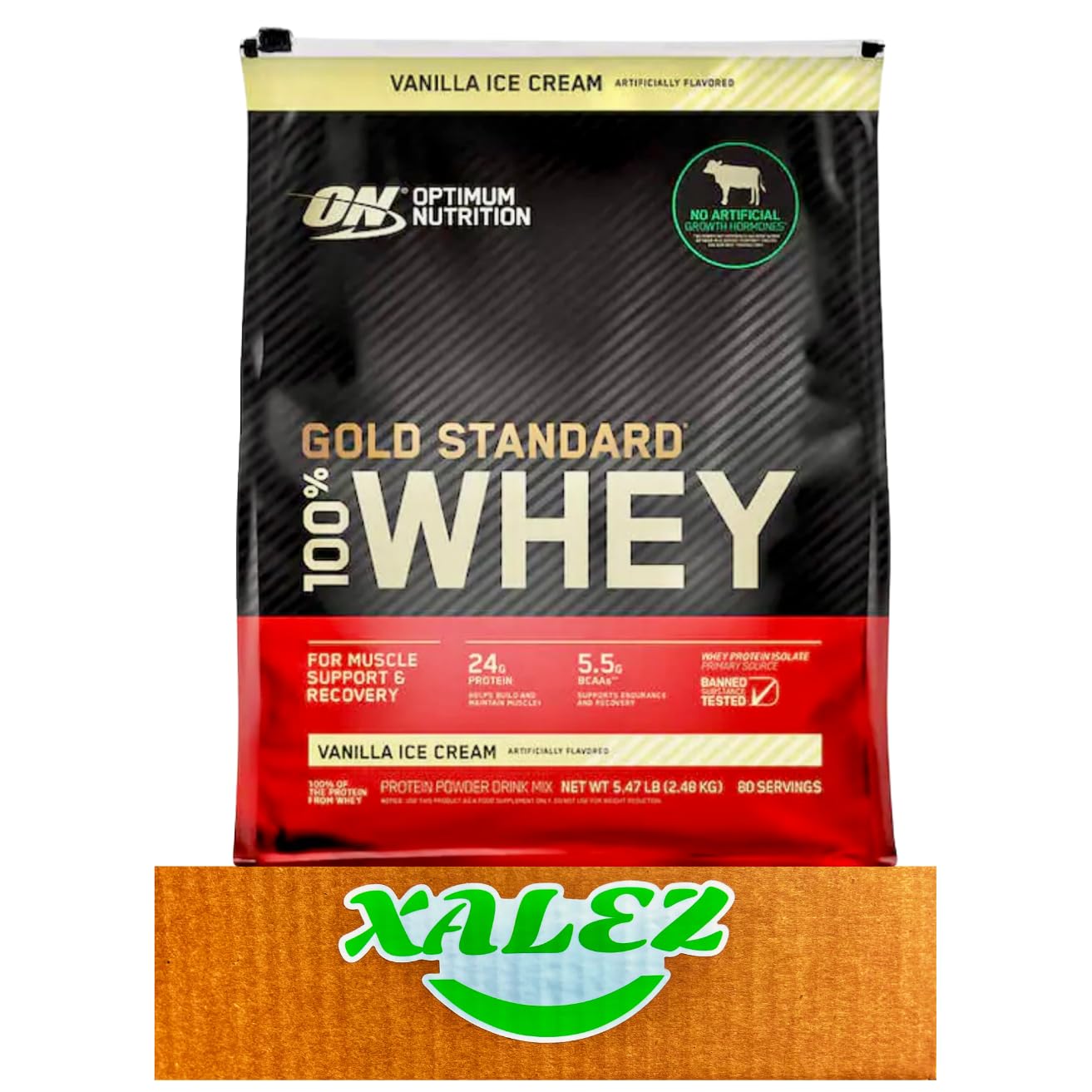 XALEZ (1 Pack) Optimum Nutrition Gold Standard 100% Whey Protein Powder, Vanilla Ice Cream, 5.47 lbs TM Gift Box (Vanilla Ice Cream)