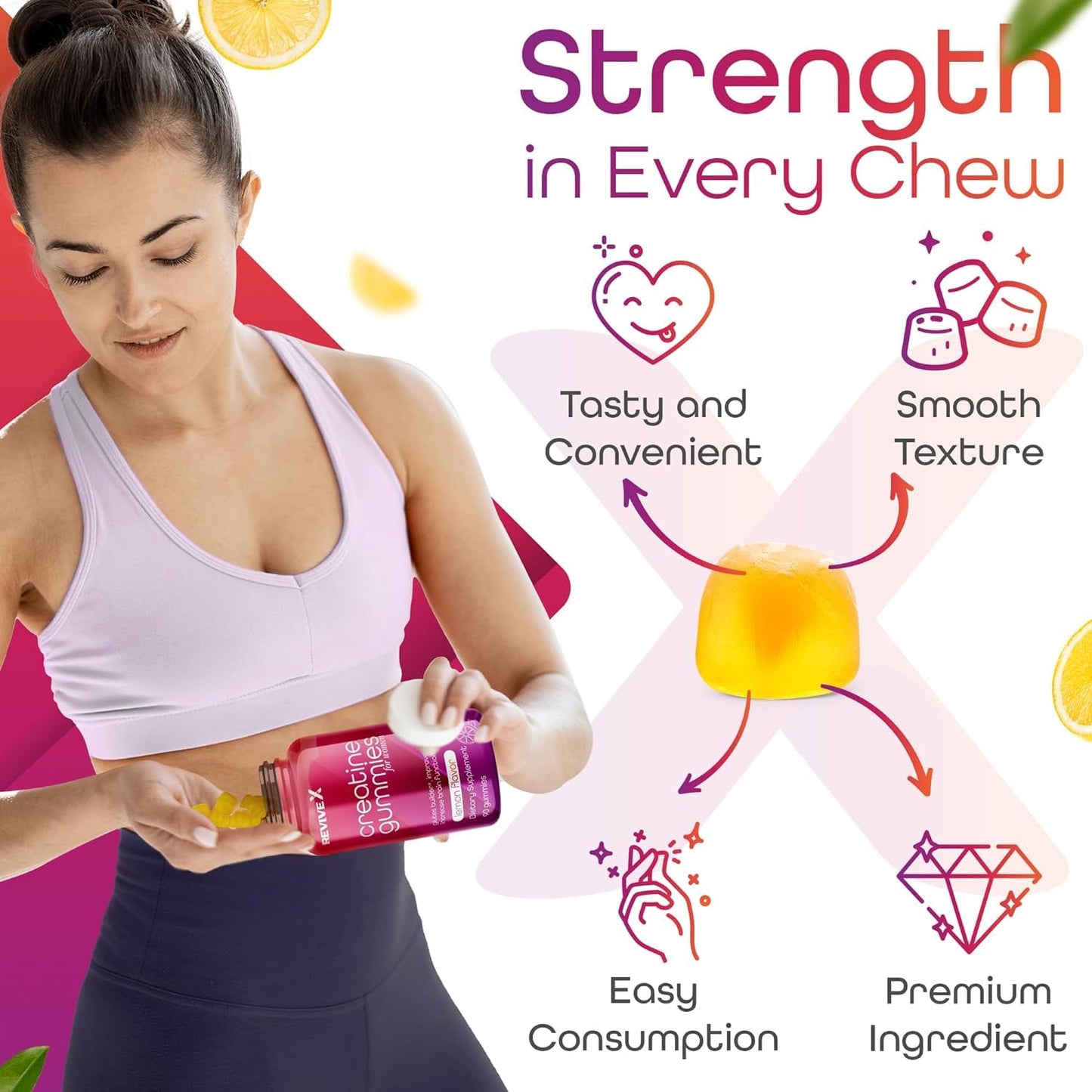 Revive X Glute Gummies, Creatine Gummies 3G, Lemon Drop, 30 Servings, 90 Count, Monohydrate, Muscle Builder, Creatine for Women, Creatine, Glutes Gummies, (Award Winning)