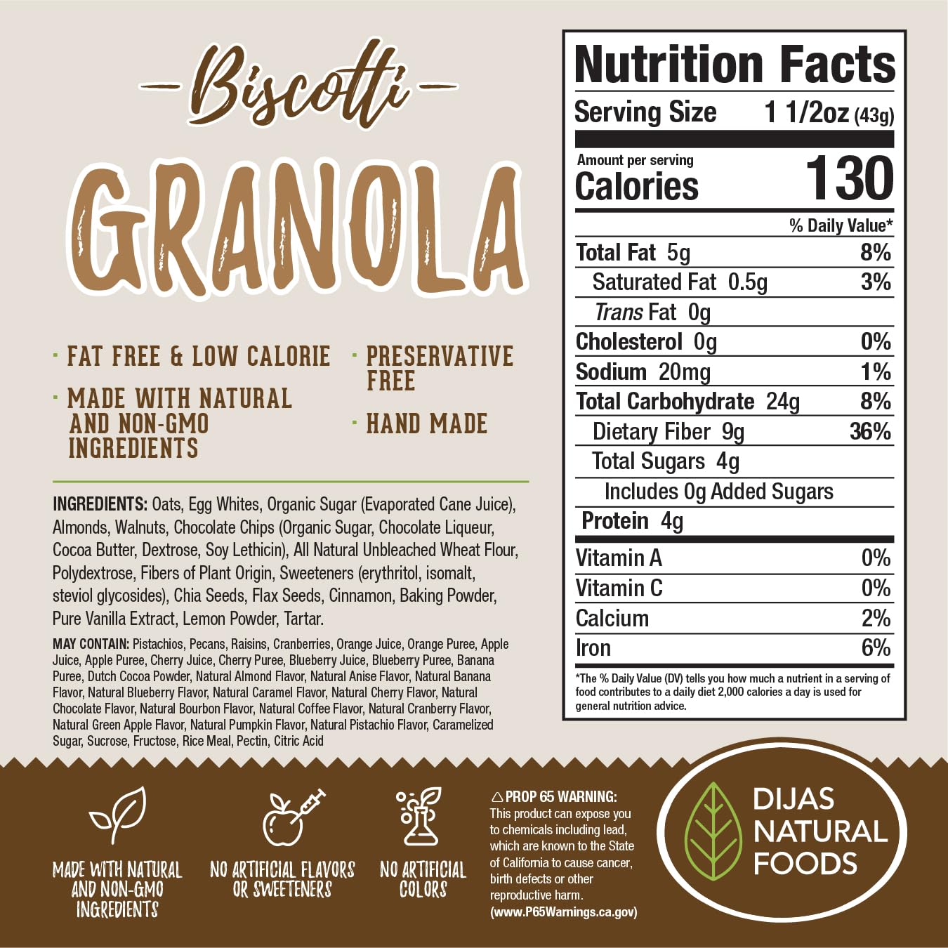 DIJAS Natural Foods Low Fat Biscotti Granola All Natural Preservative Free Ingredients Delicious Low Calorie Snack 16 oz Granola