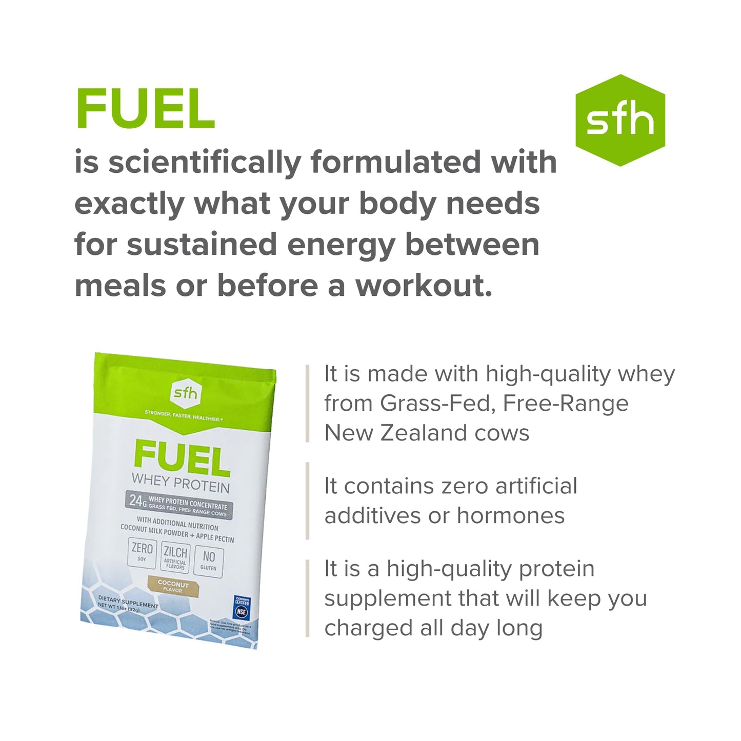 SFH Fuel Whey Protein Powder Great Tasting Grass Fed Whey | MCTs & Fiber for Energy | All Natural | Soy Free, Gluten Free, No RBST, No Artificial Flavors (Coconut (2lb Bag))