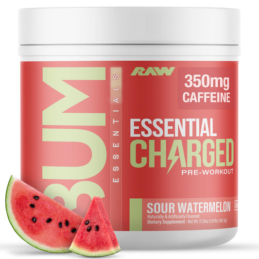 RAW Pre-Workout Powder, Essential CHARGED (Sour Watermelon) - Preworkout Supplement for Men & Women - Supports Focus, Mood & Performance - Caffeine, Alpha-GPC, L-Citrulline, Beta Alanine (25 Servings)