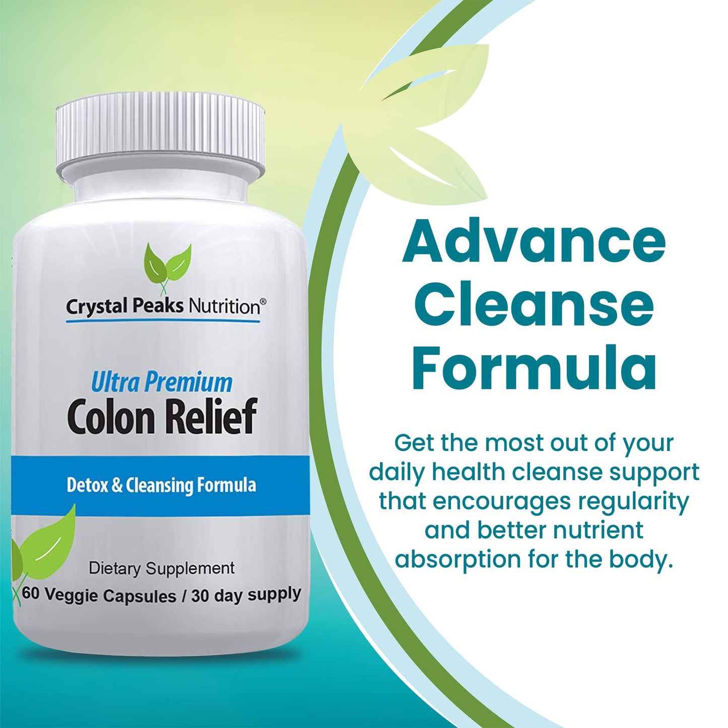 CRYSTAL PEAKS NUTRITION Natural Colon Cleanser Capsules for Constipation Relief and Gut Cleanse Detox - Cascara Sagrada, Psyllium Husk & Bentonite (60 Capsules)