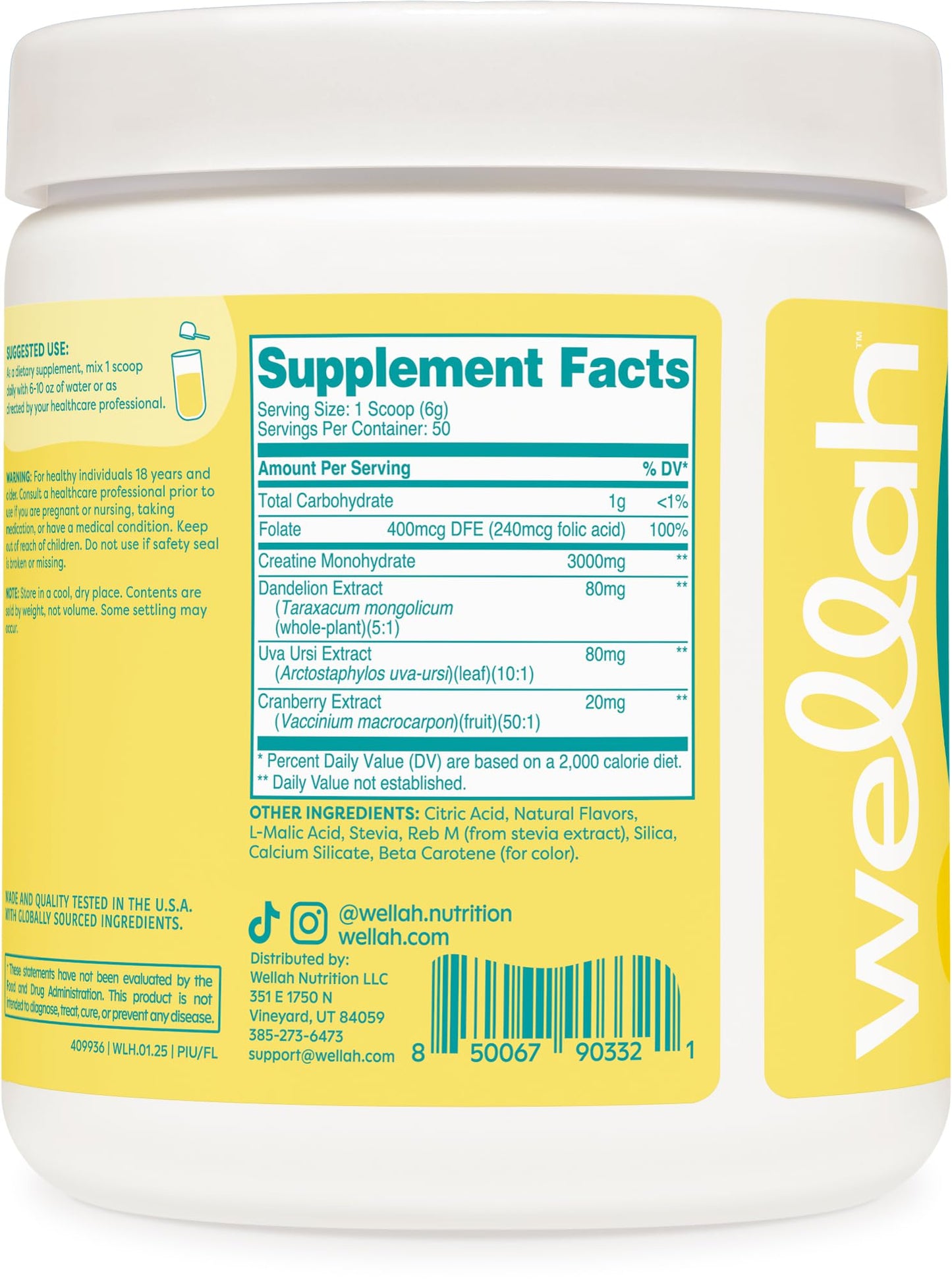 Wellah Pump-It-Up Creatine (50 Servings, Frozen Lemonade) - Creatine Monohydrate with Dandelion, Uva Ursi, & Cranberry Extract
