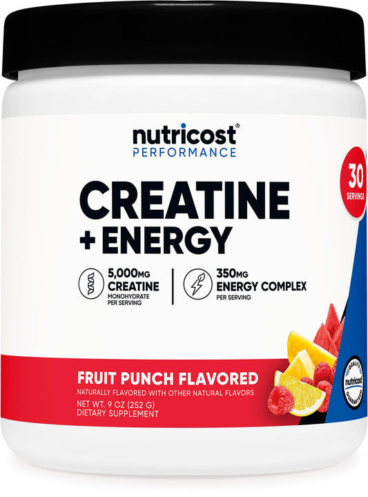 Nutricost Creatine + Energy 30 Servings (Fruit Punch Flavored) - 5,000mg Creatine Monohydrate + 350mg Energy Complex Per Serving