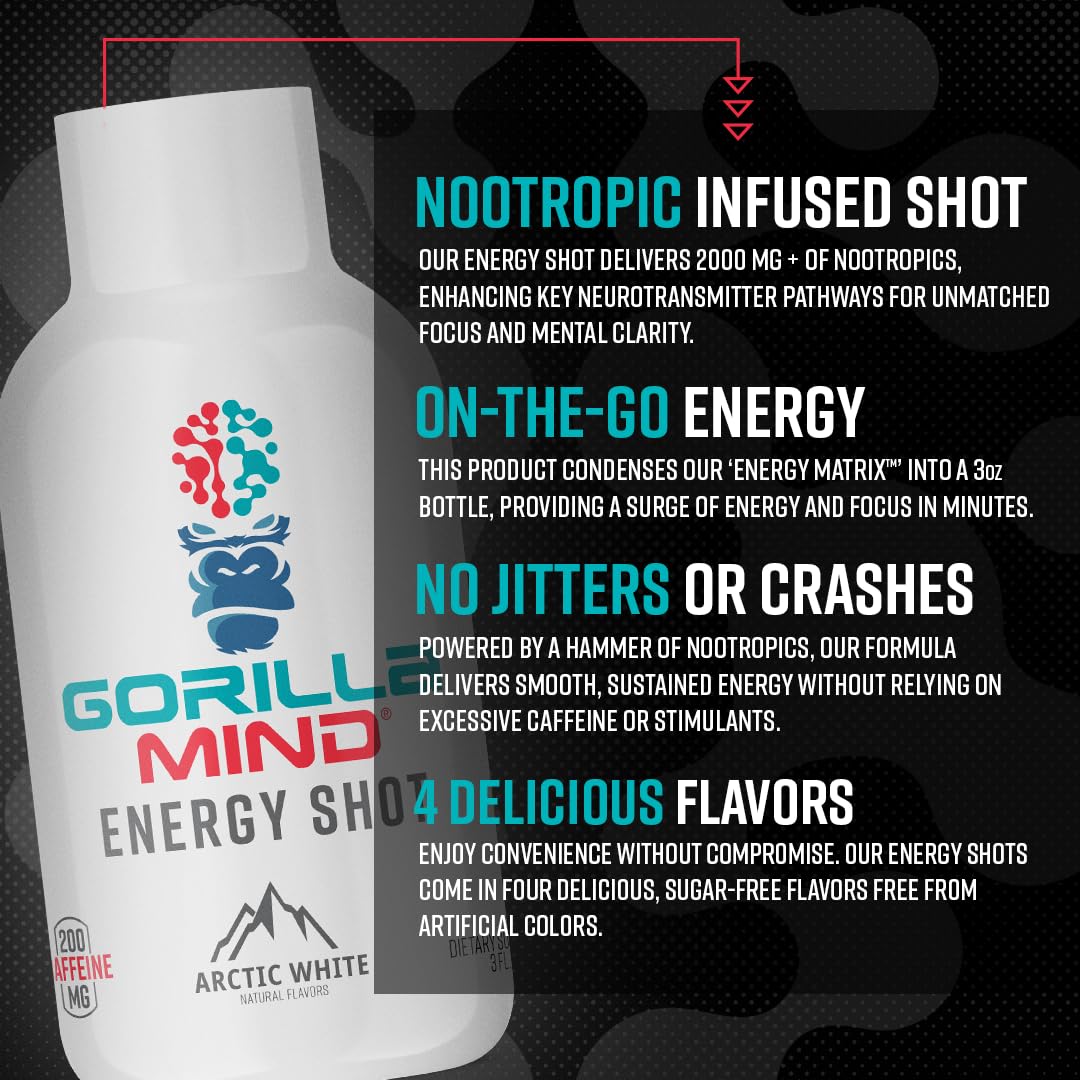 Gorilla Mind Energy Shots (Pack of 6) - Enhanced Focus & Energy, Sugar-Free, Fast-Acting, Potent Formula with Vitamins & Natural Extracts (Black Cherry Vanilla)