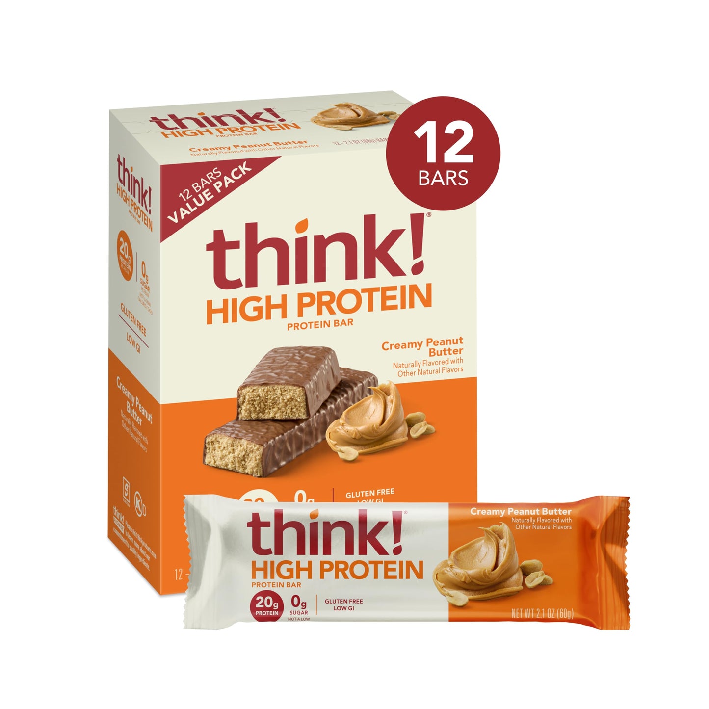 think Protein Bars High Protein Snacks Gluten Free Kosher Friendly Creamy Peanut Butter Nutrition Bars 21 Oz per Bar 12 Count Packaging May Vary