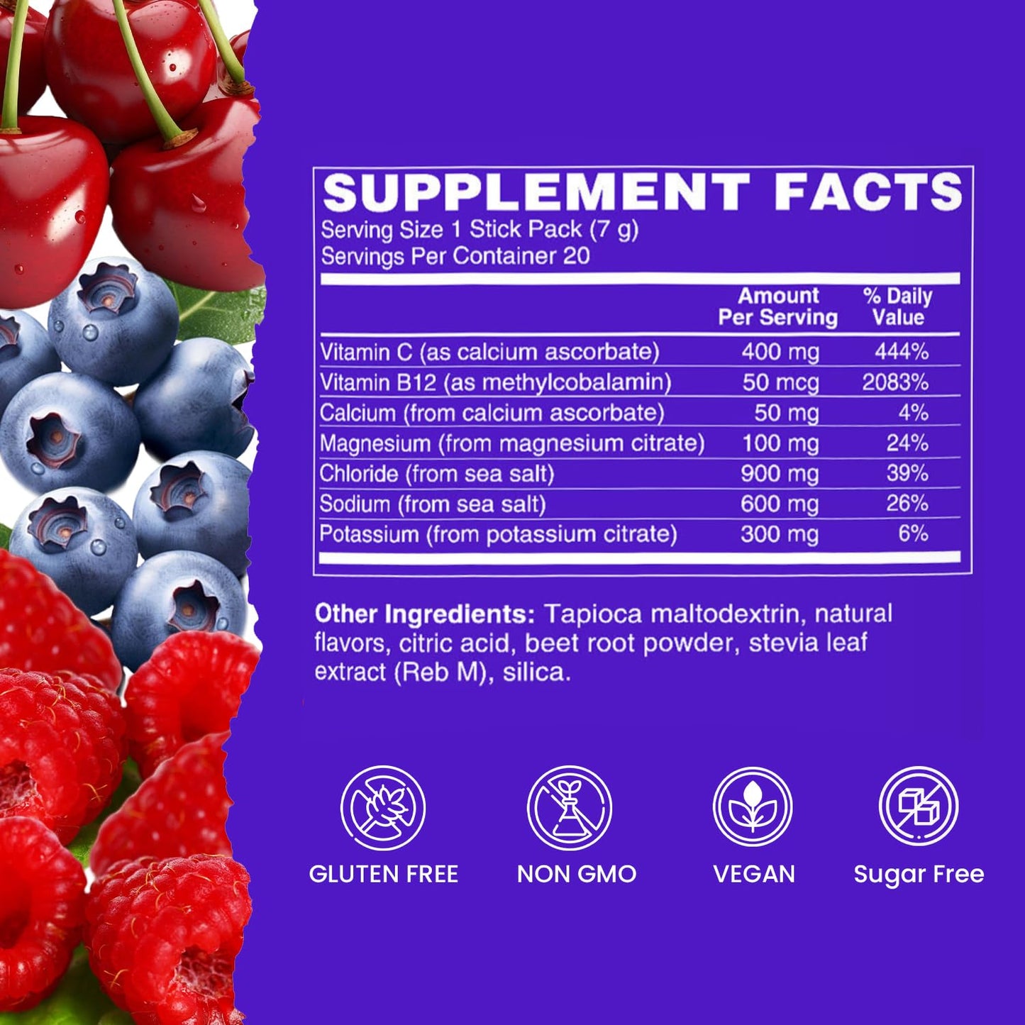 Vital Rise® Hydrate! - Berry Blast - Hydration Powder Packets | Low Sodium Electrolyte Drink Mix | Easy Open Single-Serving Stick | Non-GMO | 20 Servings (Pack of 1)