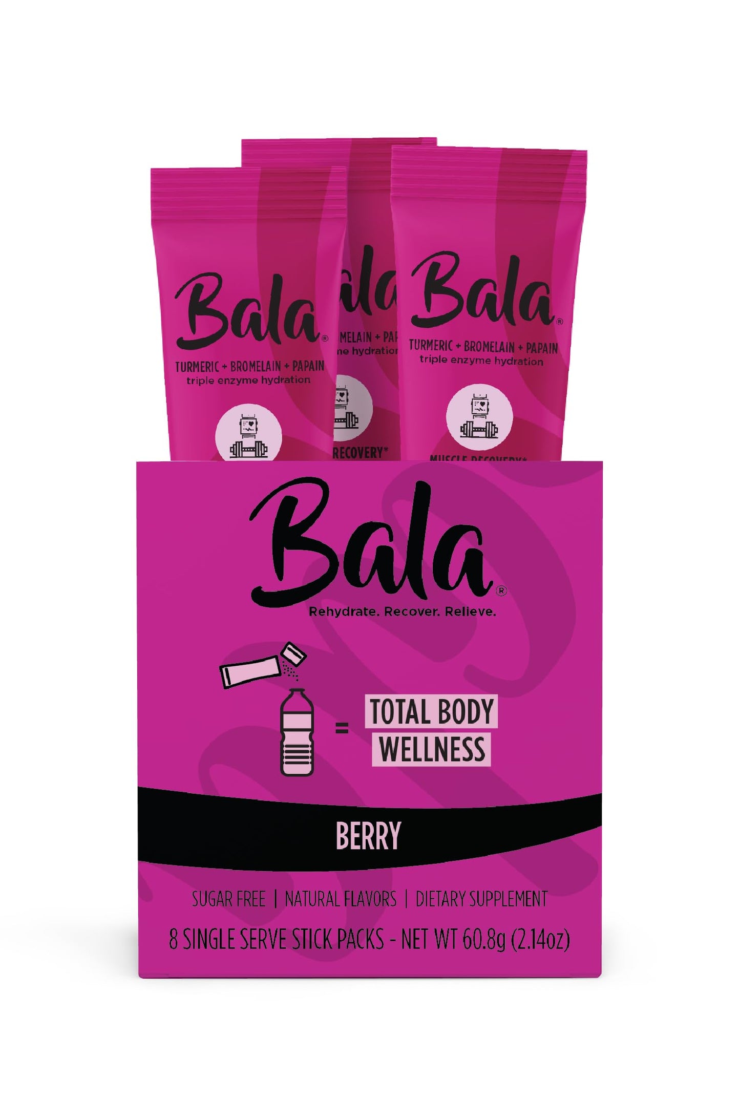 BALA Enzyme Hydration & Sugar-Free Electrolyte Drink Mix Powder - Turmeric, Bromelain, Papain - Recovery, Immunity, Mobility - Berry 0.25oz (8 Count)