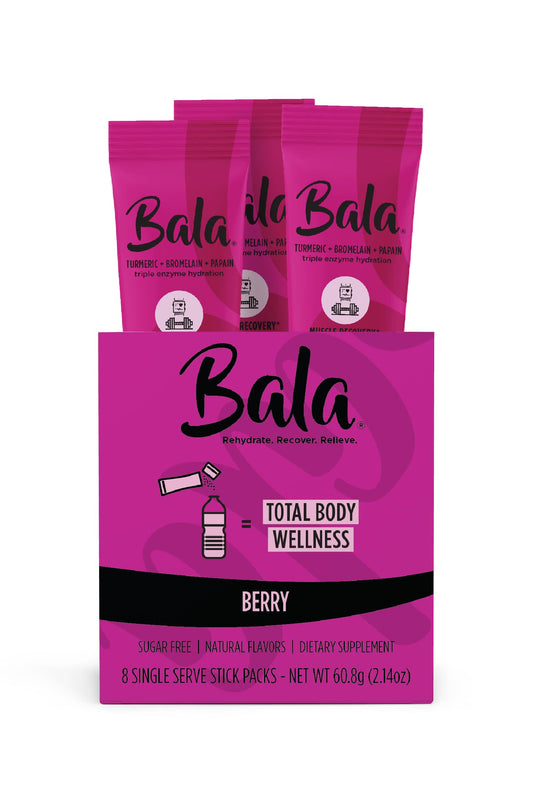 BALA Enzyme Hydration & Sugar-Free Electrolyte Drink Mix Powder - Turmeric, Bromelain, Papain - Recovery, Immunity, Mobility - Berry 0.25oz (8 Count)