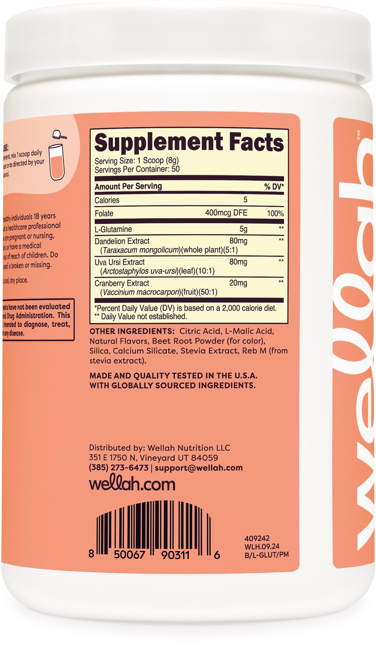 Wellah L-Glutamine Powder Tropical Punch (50 Servings) - 5g L-Glutamine Per Serving, Sweetened with Stevia