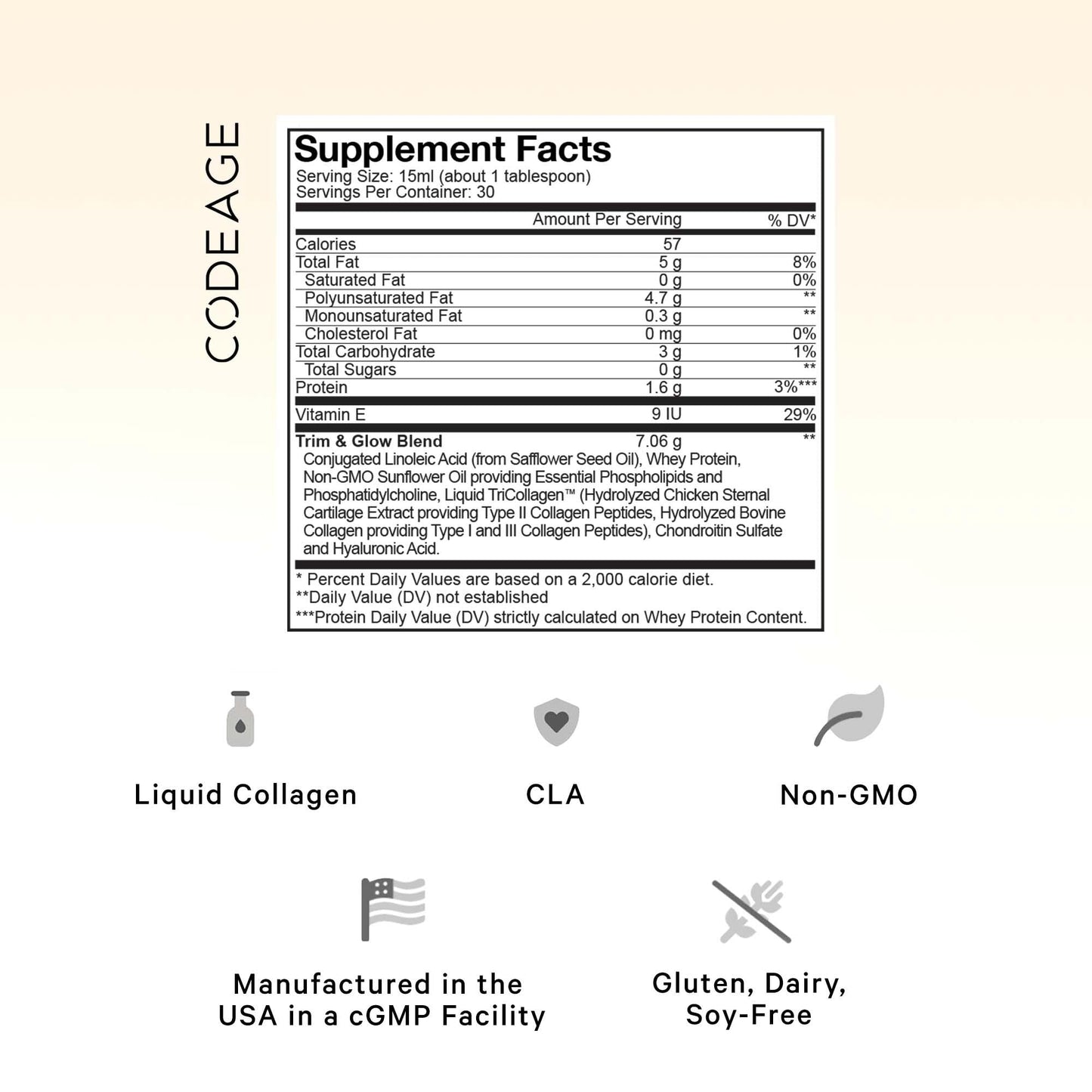 Codeage Liquid Collagen Supplement Vanilla Flavor, Beauty Trim & Glow Liposomal Collagen Peptides, CLA Conjugated Linoleic Acid, Hyaluronic Acid, Vitamin E, Hydrolyzed, Non-GMO, 15.22 fl oz