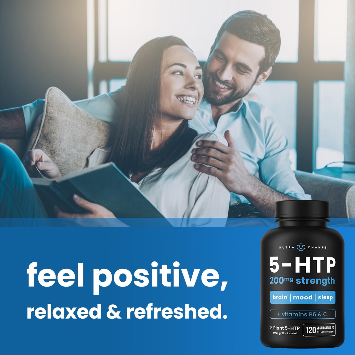 NutraChamps 5-HTP 200mg, 120 Vegan Capsules, Pure 5HTP 100mg Plus Co-Factors Vitamin B6 & Vitamin C