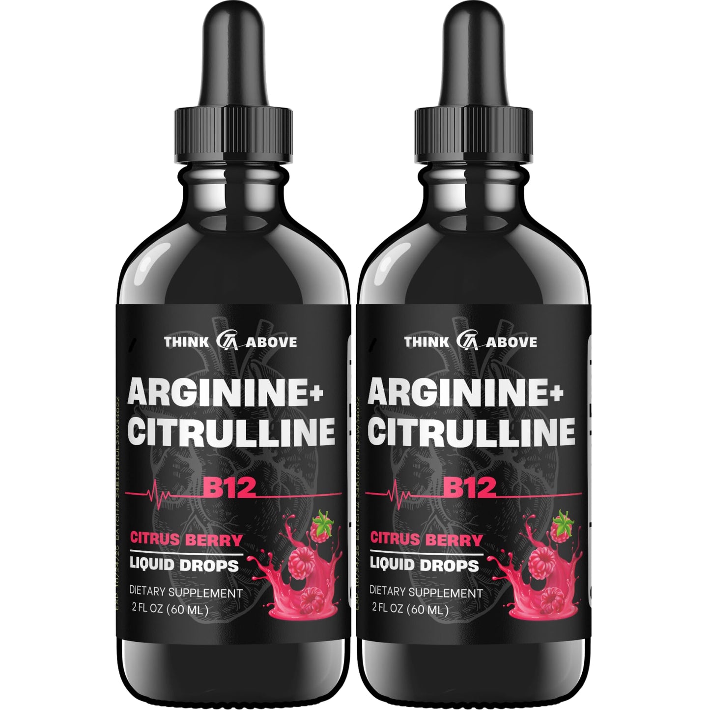 Think Above L-Arginine + L-Citrulline Liquid Drops with Vitamin B12 - Citrus Berry Flavor, 2 fl oz (60 ml) Pack of 2 - Fast Absorption, Easy-to-Use