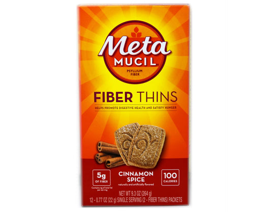 Metamucil Fiber Thins Cinnamon Spice 3-boxes of 12 packets. Each of the 12 packets contain 2 fiber thins