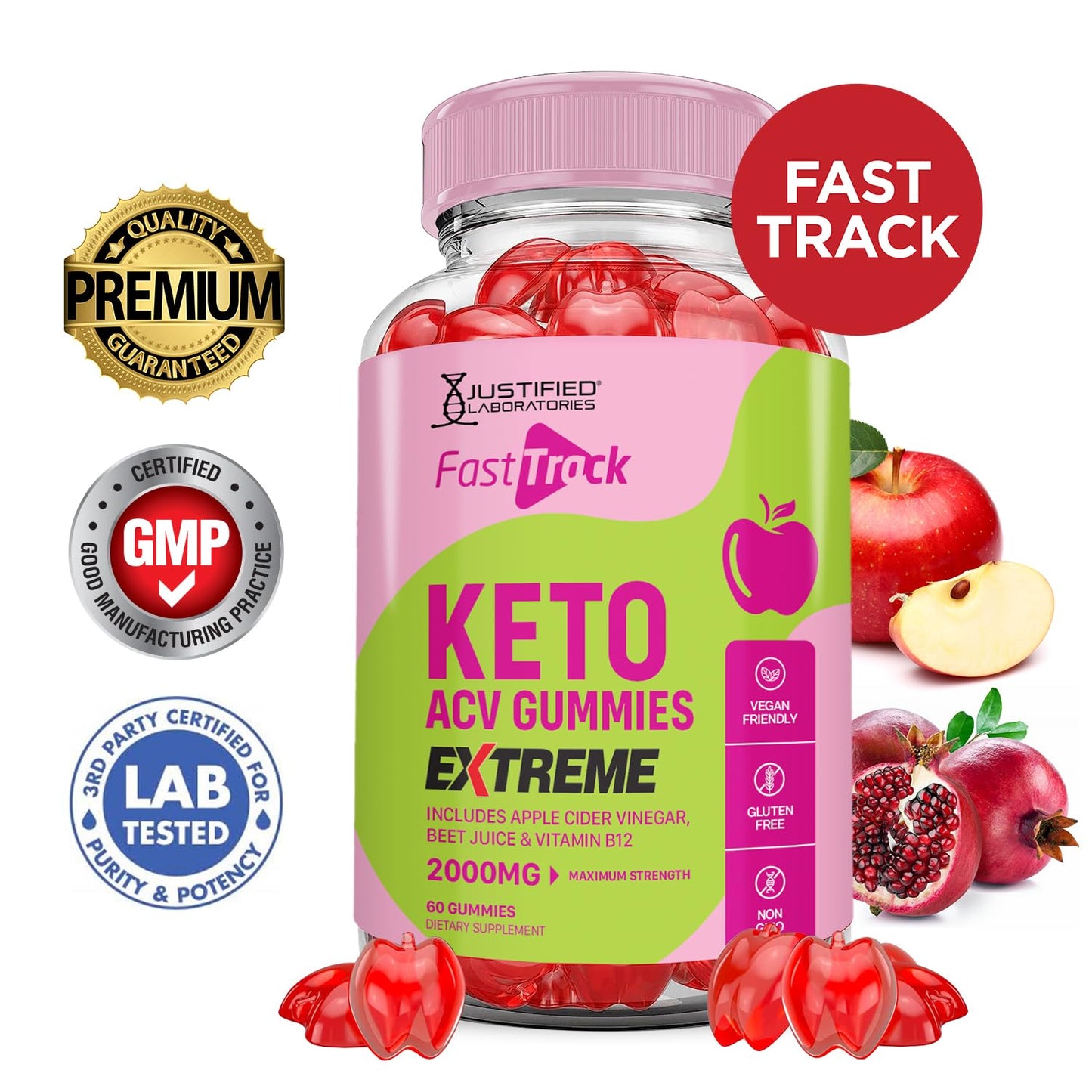 Fast Track Keto ACV Gummies Extreme 2000MG Fasttrack Keto Gummies Apple Cider Vinegar Formulated with Pomegranate Beet Juice Powder B12 Vegan Non GMO 60 Gummys