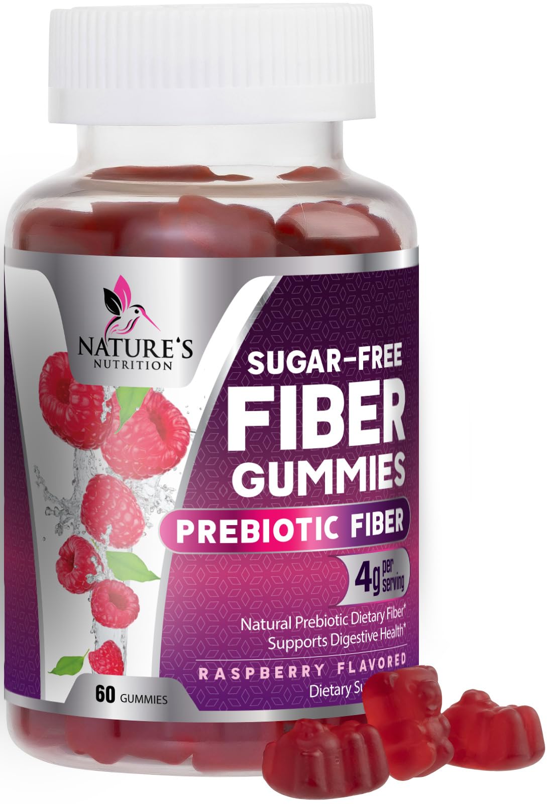 Fiber Supplement Gummies - Sugar-Free Daily Gummy for Adults Digestive Health & Regularity Support - 4g Prebiotic Plant Based Fiber Supplements Blend for Women & Men - Raspberry Flavor - 60 Gummies