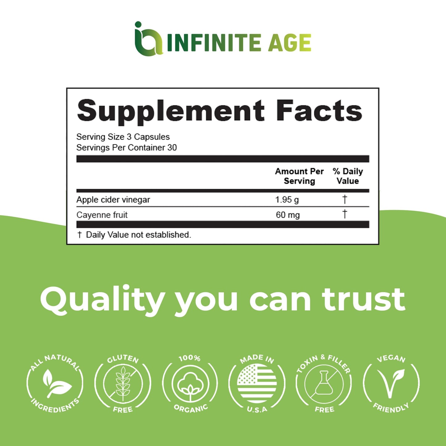 INFINITE AGE 1950mg Apple Cider Vinegar Capsules, 90 Count - Made in The USA, Vegan, Gluten Free, All-Natural - with 60mg Cayenne Fruit - No Fillers, Ultra Concentrated