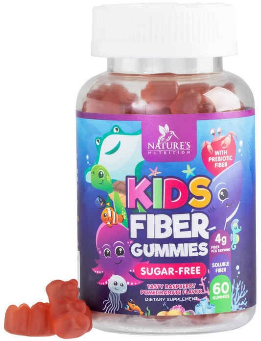 Kids Fiber Supplement Gummies - No Sugar Added 4g Prebiotic Plant-Based Fiber Blend to Support Kids Regularity, Digestive Health & Immune Support - Vegan, Raspberry Flavored Gummy Bears - 60 Gummies