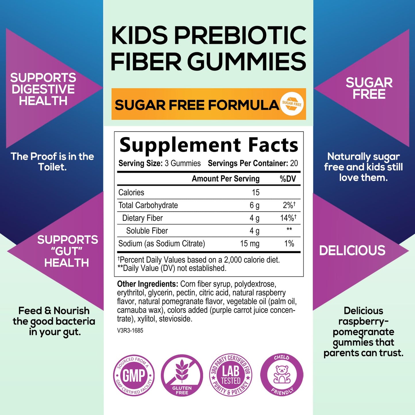 Kids Fiber Supplement Gummies - No Sugar Added 4g Prebiotic Plant-Based Fiber Blend to Support Kids Regularity, Digestive Health & Immune Support - Vegan, Raspberry Flavored Gummy Bears - 60 Gummies