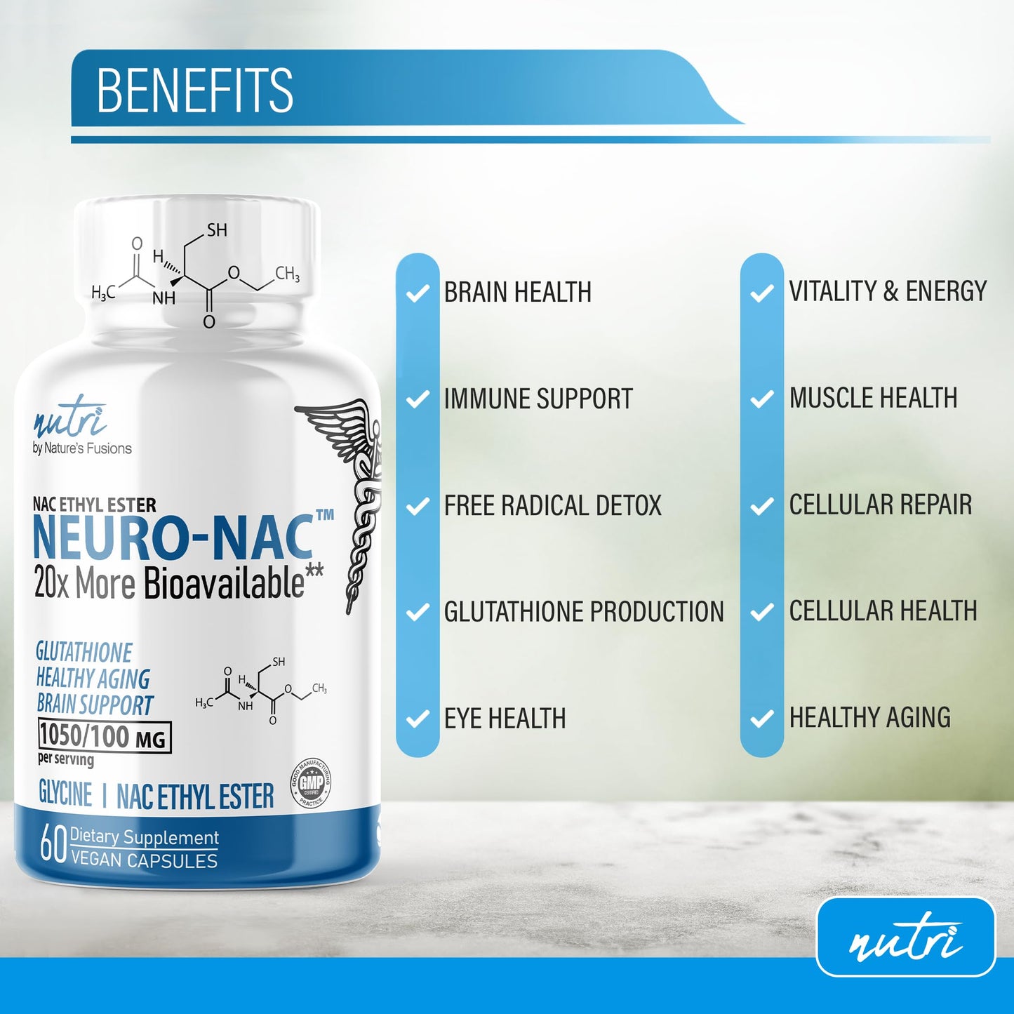 Neuro NAC Supplement N-Acetyl Cysteine Ethyl Ester - 20x More Bioavailable Than NAC 600 mg - Boost Glutathione 10x More Than Liposomal Glutathione - N Acetyl Cysteine Ethyl Ester - NACET (60 Capsules)