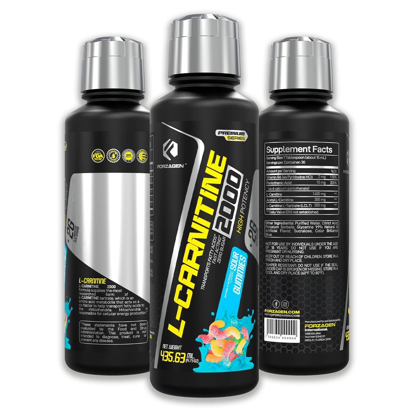 Forzagen L- Carnitine 2000 - Liquid L Carnitine with Vitamin B6 | Acetyl L-Carnitine | L-Tartrate | 30 Servings (Sour Gummies)