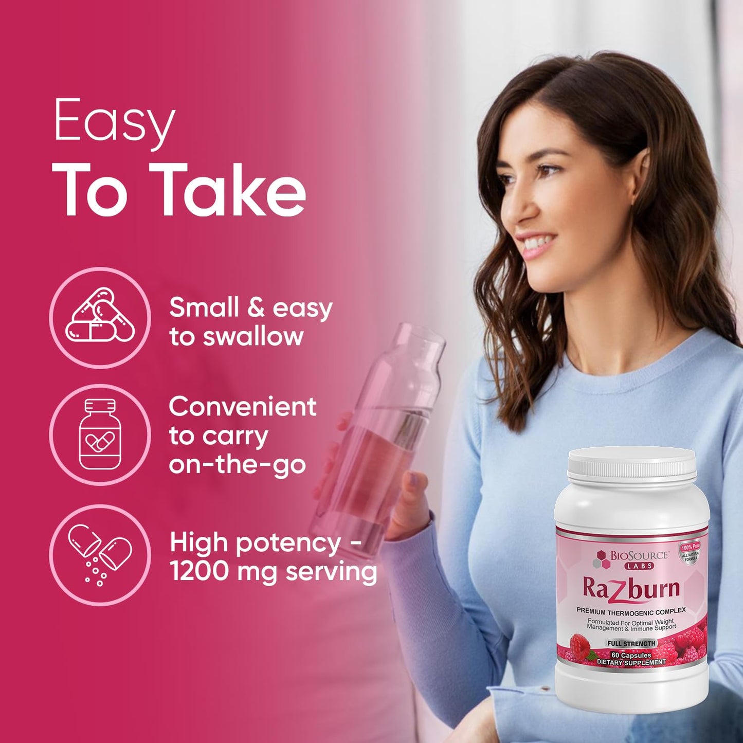 BioSource Labs Razburn Weight Management Supplement, Green Tea Extract, Caffeine & Botanical Blend, Energy & Metabolism Support Pills for Men & Women, 60 Capsules