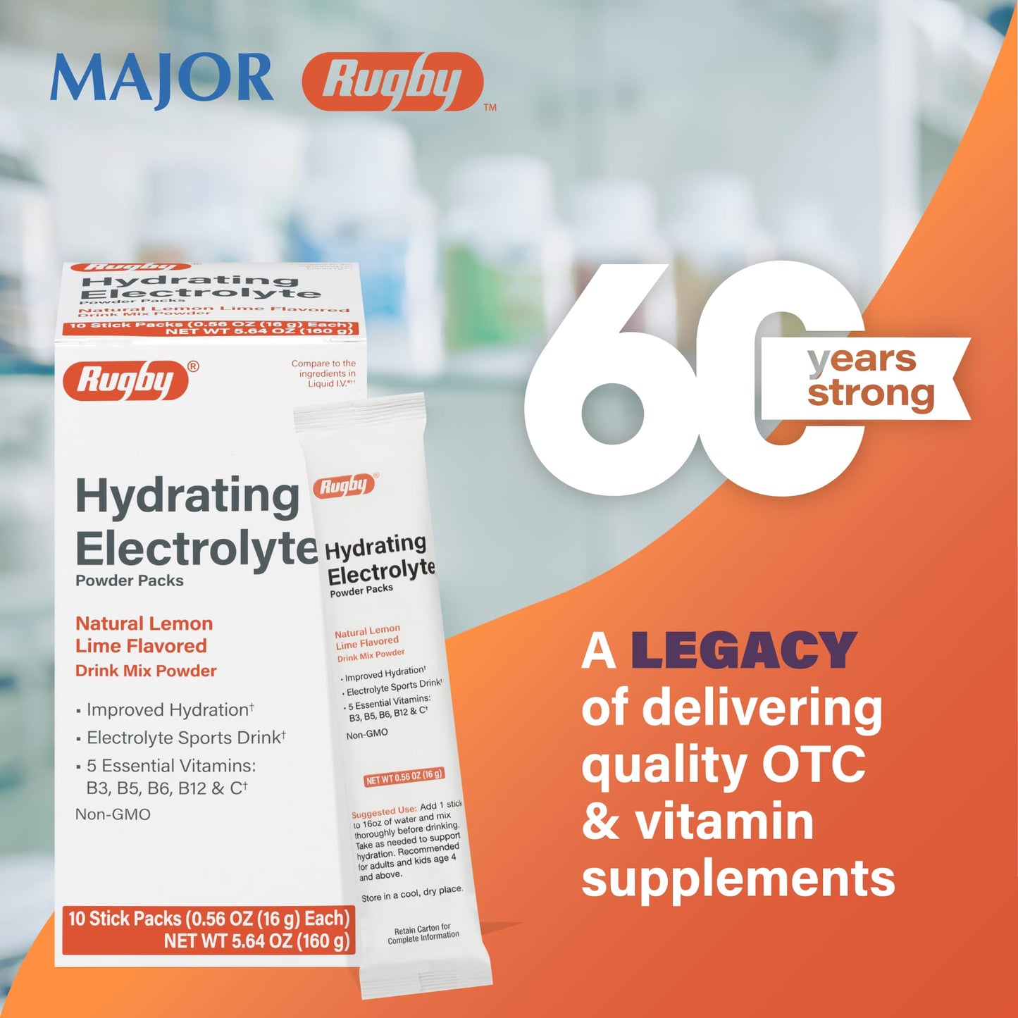 Rugby Hydrating Electrolyte Powder Packs - Drink Mix Powder Packets with 5 Vitamins - Improved Hydration - Natural Lemon-Lime Flavor - 10 Stick Packs - 0.56 Oz Each (3 Pack)