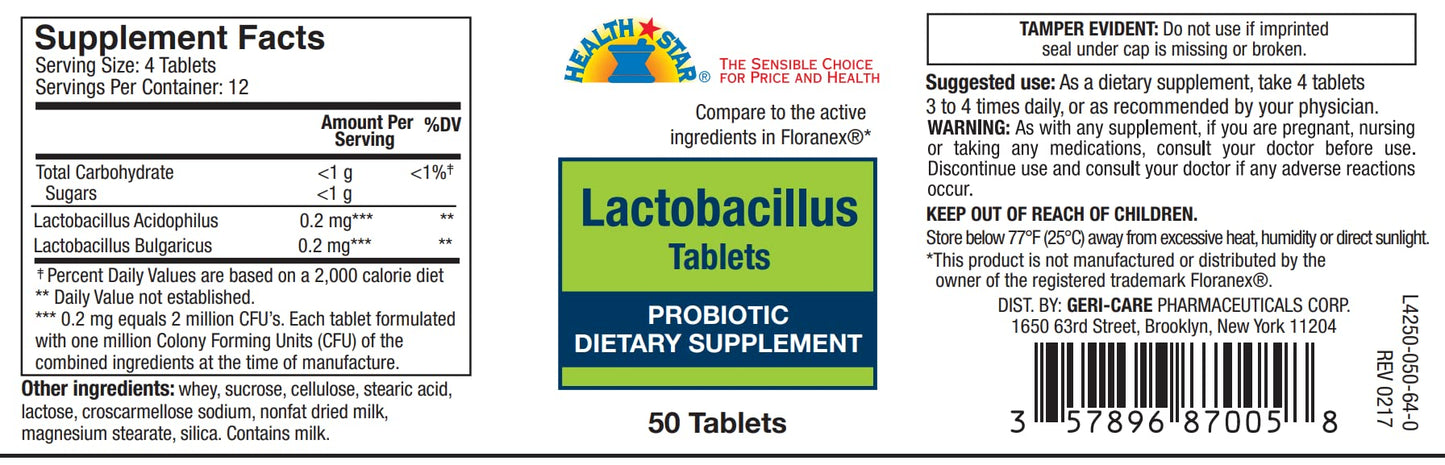 GeriCare Probiotic Lactobacillus, Support Digestive Health, Dietary Supplement Tablets, 50 Count (Pack of 1)
