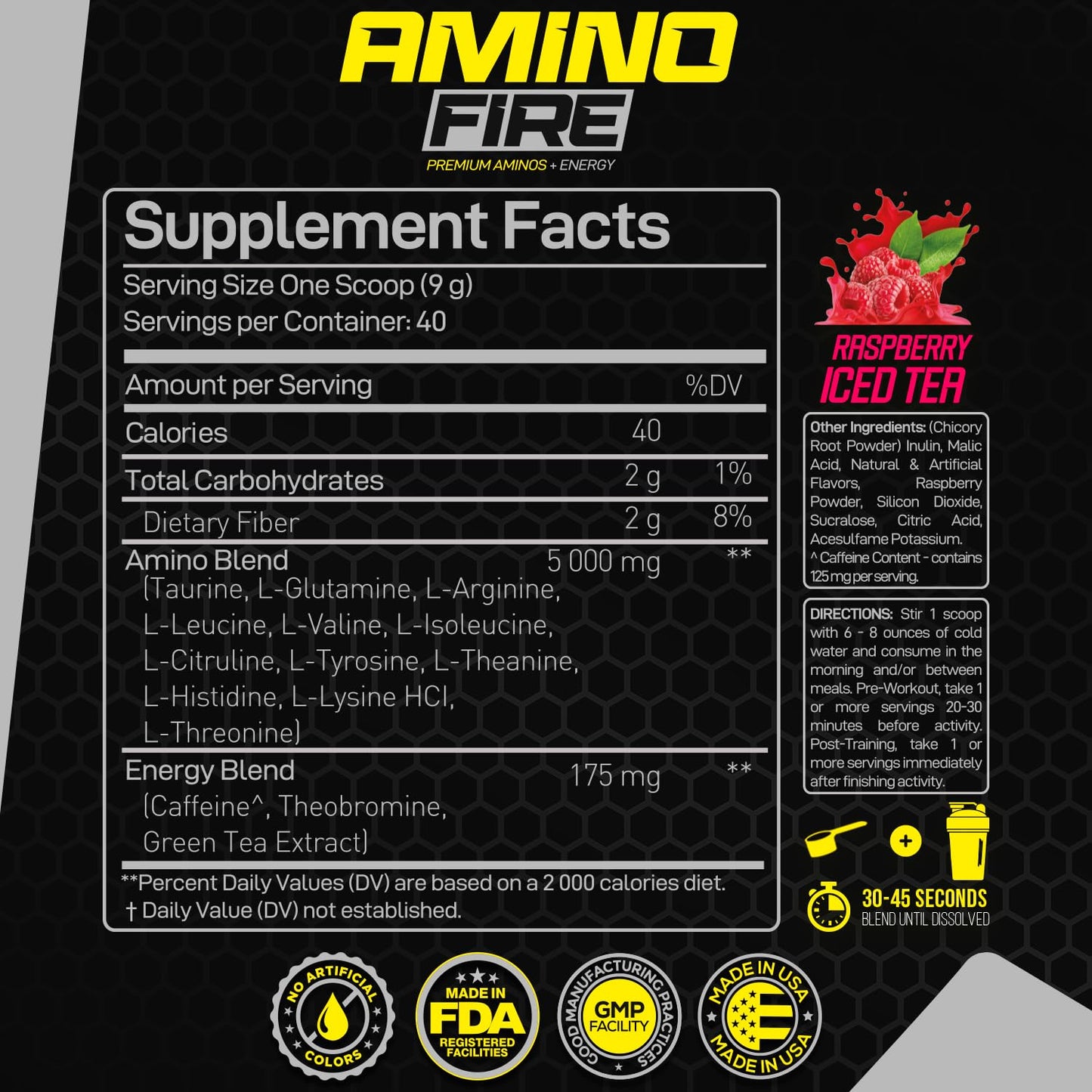 Forzagen Amino Fire | Essential Amino Energy Powder for Pre-Workout | BCAA Energy Boost & Muscle Recovery Drink Mix, Enhance Focus & Concentration, Dietary Supplement | Raspberry Ice Tea, 40 Servings