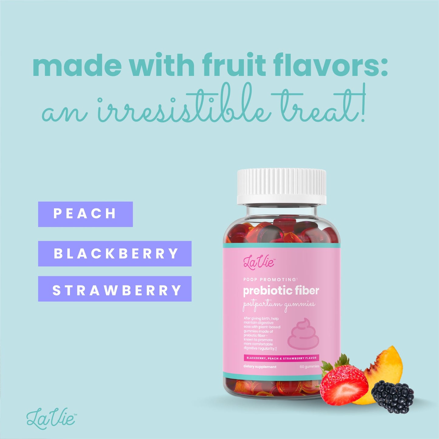 LaVie Fiber Gummies for Women, Pregnancy and Postpartum Sugar Free Gummies, Fiber Supplements, Plant Based Prebiotic Fiber, Fiber Gummy, Mixed Fruit Flavor, 60 Count