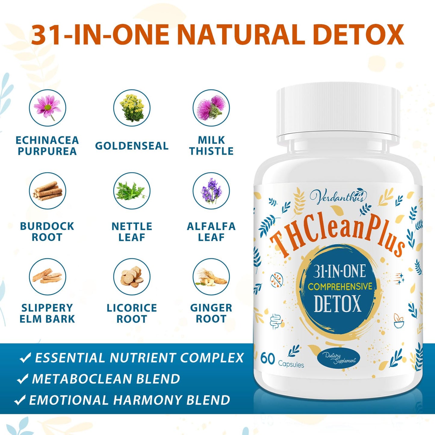 Verdanthus 31-in-ONE Detox and Liver Cleanser, Fast Detox, Full Body Detoxification, Toxins Cleaner for Liver, Kidney, Natural Herbal Formula, Support Immune & Mood, Made in USA, 60 Capsules