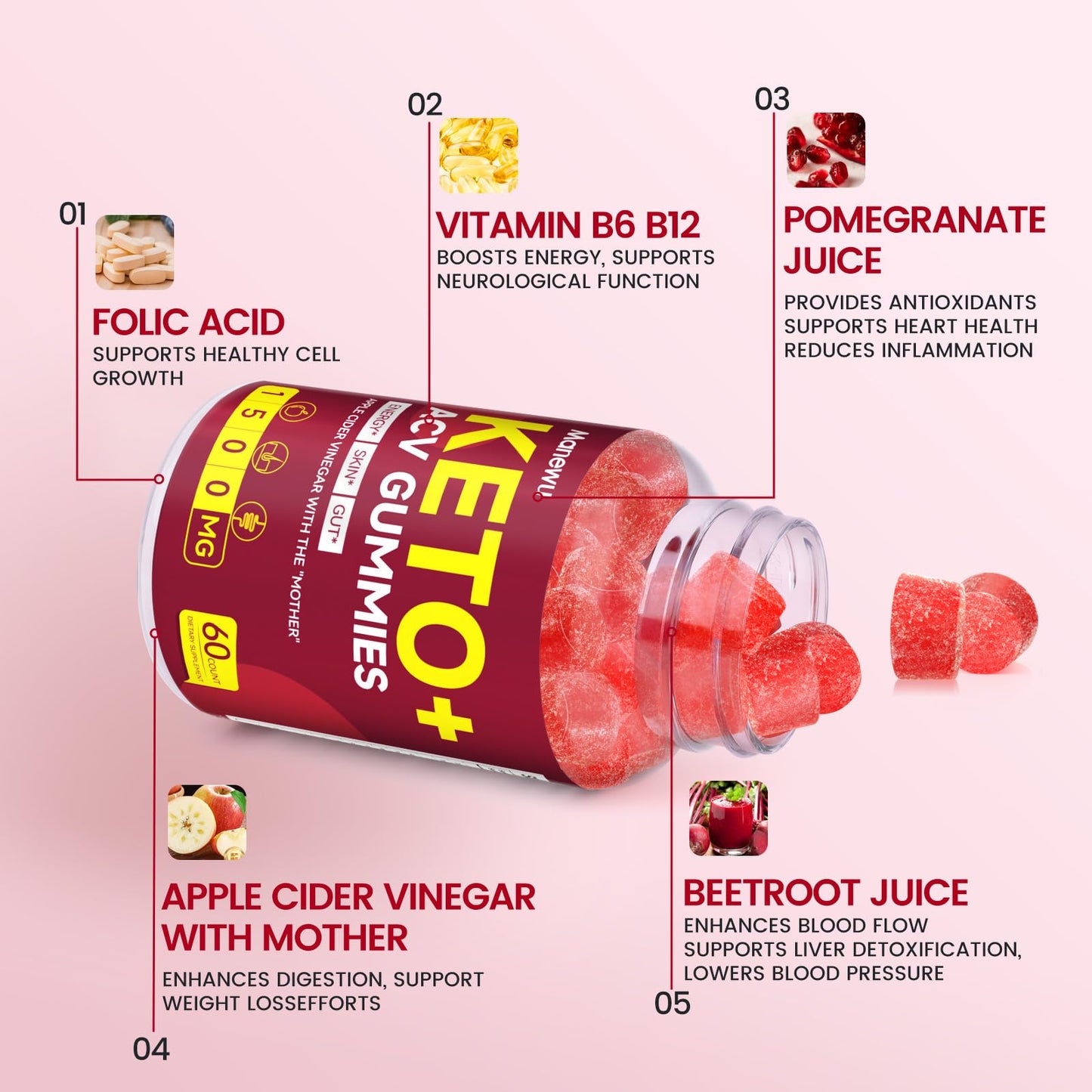 Keto ACV Gummies - Rapid Keto ACV Diet Supplement ACV Keto Gummies for Women Men - 1500mg Organic Gluten Free Apple Cider Vinegar with Mother - Support Gut Digestion