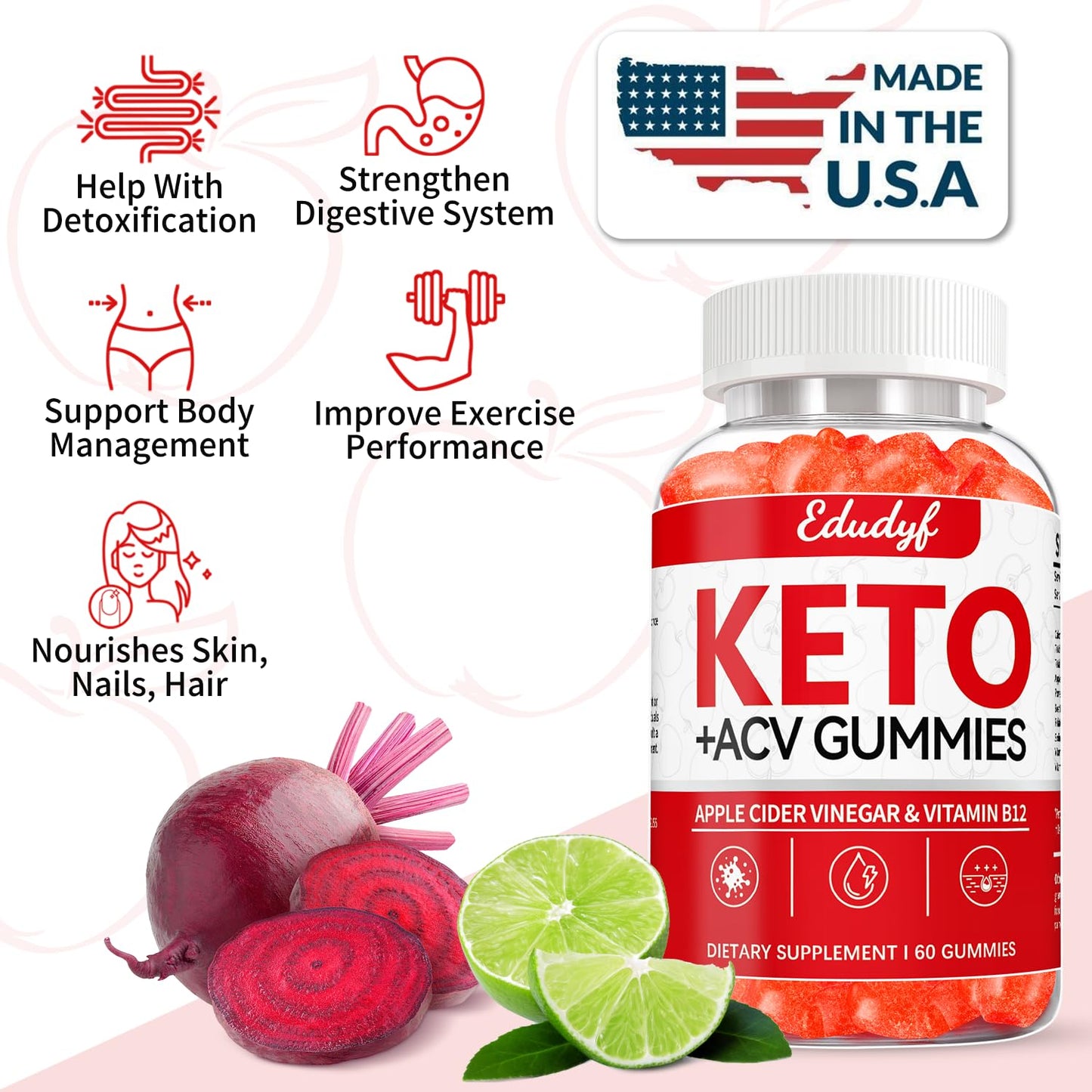 EDUDYF Keto ACV Gummies - 60 Count Gluten-Free, Gelatin-Free Apple Cider Vinegar Gummies with B12 for Keto Support, Vegetarian, Unique Flavor, Convenient Bottled Supplement for Men & Women