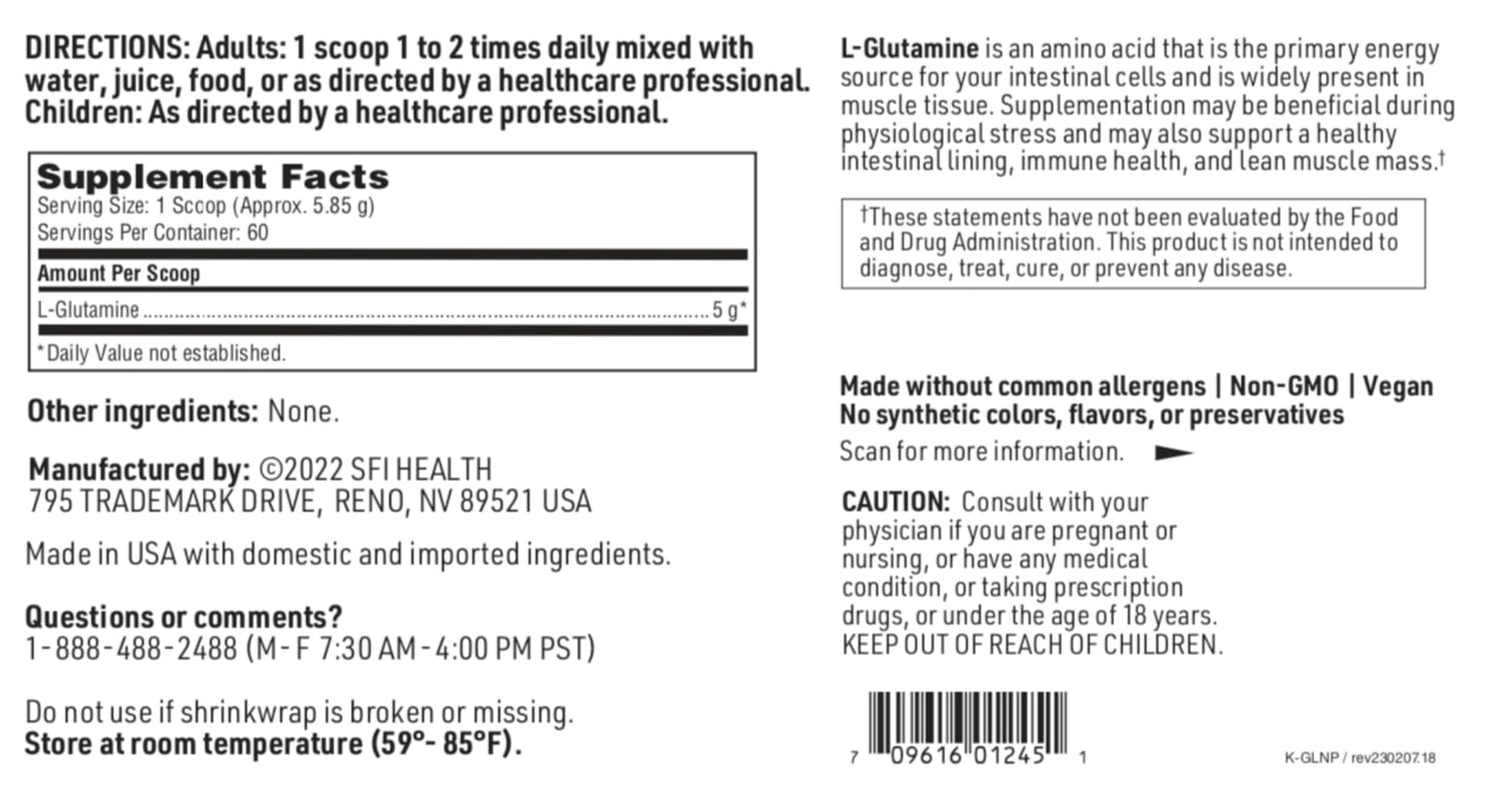 Klaire Labs L Glutamine Powder - 5000mg Free-Form & Hypoallergenic Amino Acid - Supports Muscle Recovery, Immune Support and GI Health - Non Dairy & Gluten Free (351 G / 60 Servings)